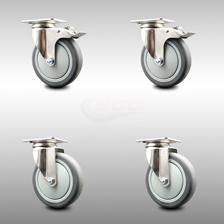 Service Caster 5 Inch 316SS Thermoplastic Rubber Swivel Top Plate Caster Lock Brakes SCC, 2PK SCC-SS316TTL20S514-TPRB-2-S-2